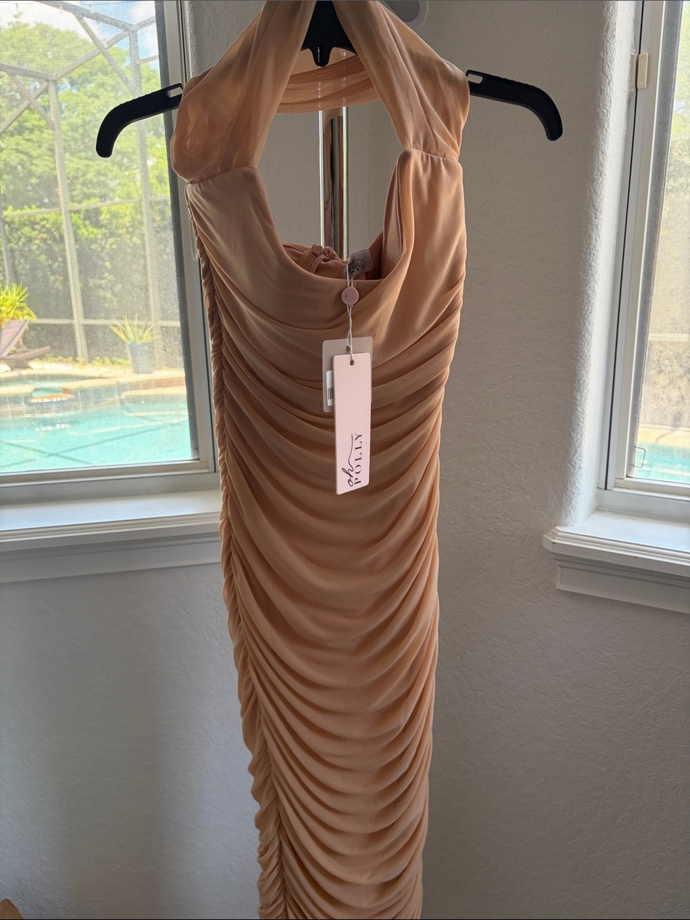 Oh Polly Ruched Halter Midi Dress in Nude Blush
